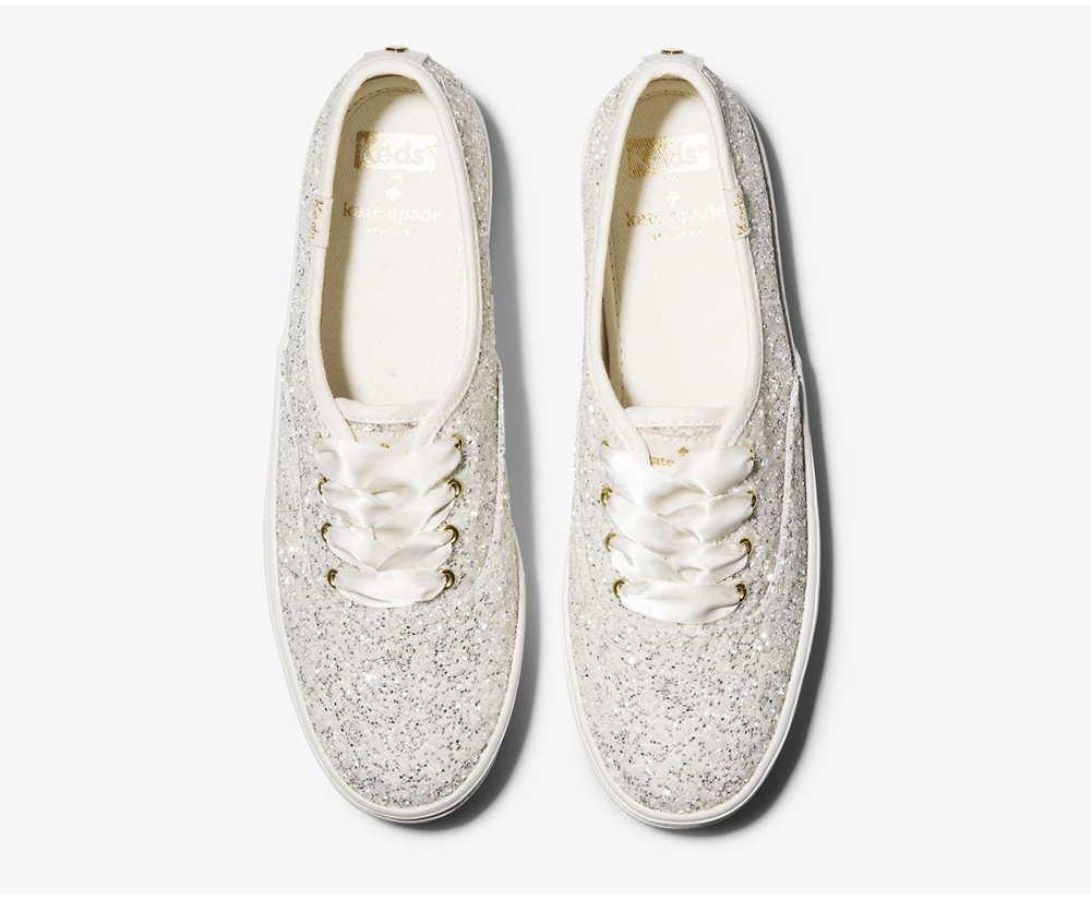 Πανινα Παπουτσια Γυναικεια - Keds Kate Spade New York Triple Glitter - Λευκα - QJRWU2350